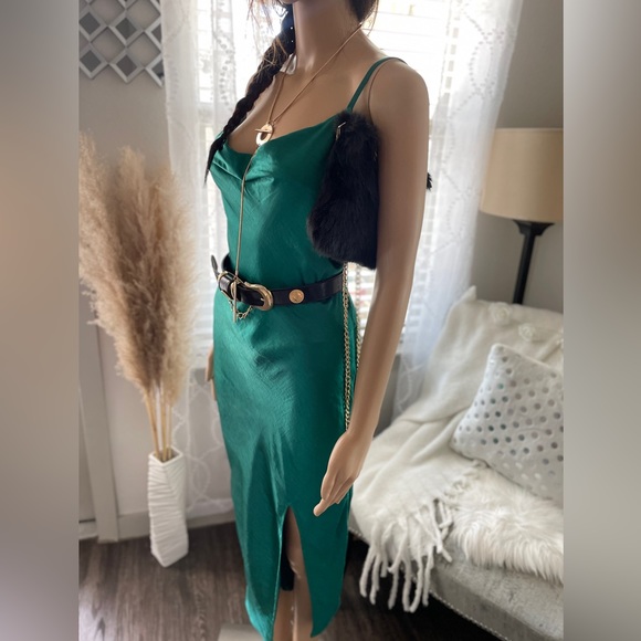 Green Satin Slip Midi Dress Small - Picture 1 of 10